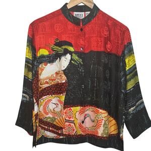 Vtg 100% Silk Red Geisha Print Asian Inspired Mandarin Collar Size Small Blouse
